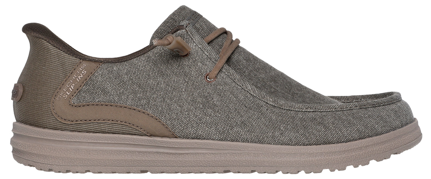 A slip-on casual shoe in a gray, textured canvas with matching laces.