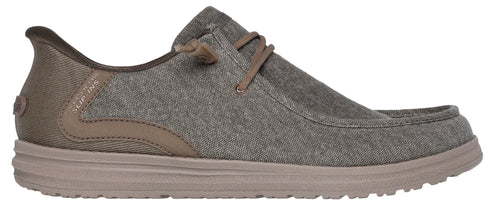 A slip-on casual shoe in a gray, textured canvas with matching laces.