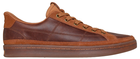 A low-top brown leather shoe with brown suede accents and brown laces.