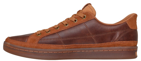 A brown low-top sneaker with brown laces.