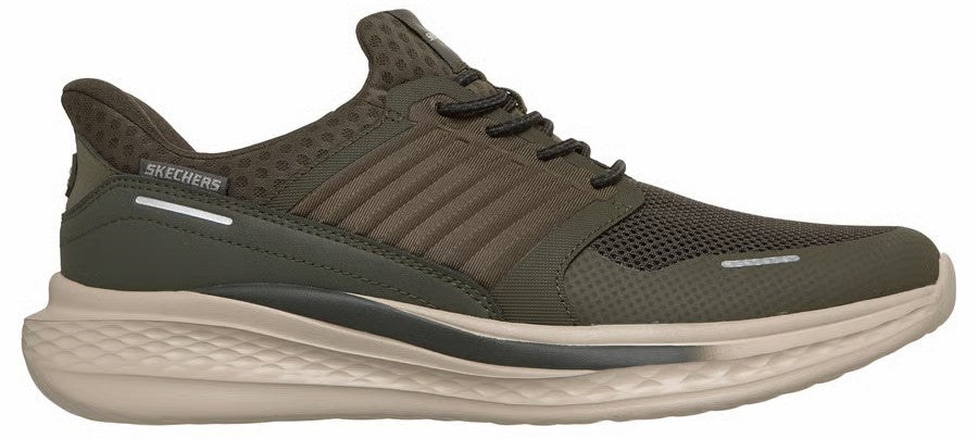A profile view of a low-top olive green sneaker with a beige textured midsole, featuring a mesh upper, ribbed mid-panel details, dark laces, and a small rectangular SKECHERS tag on the heel.