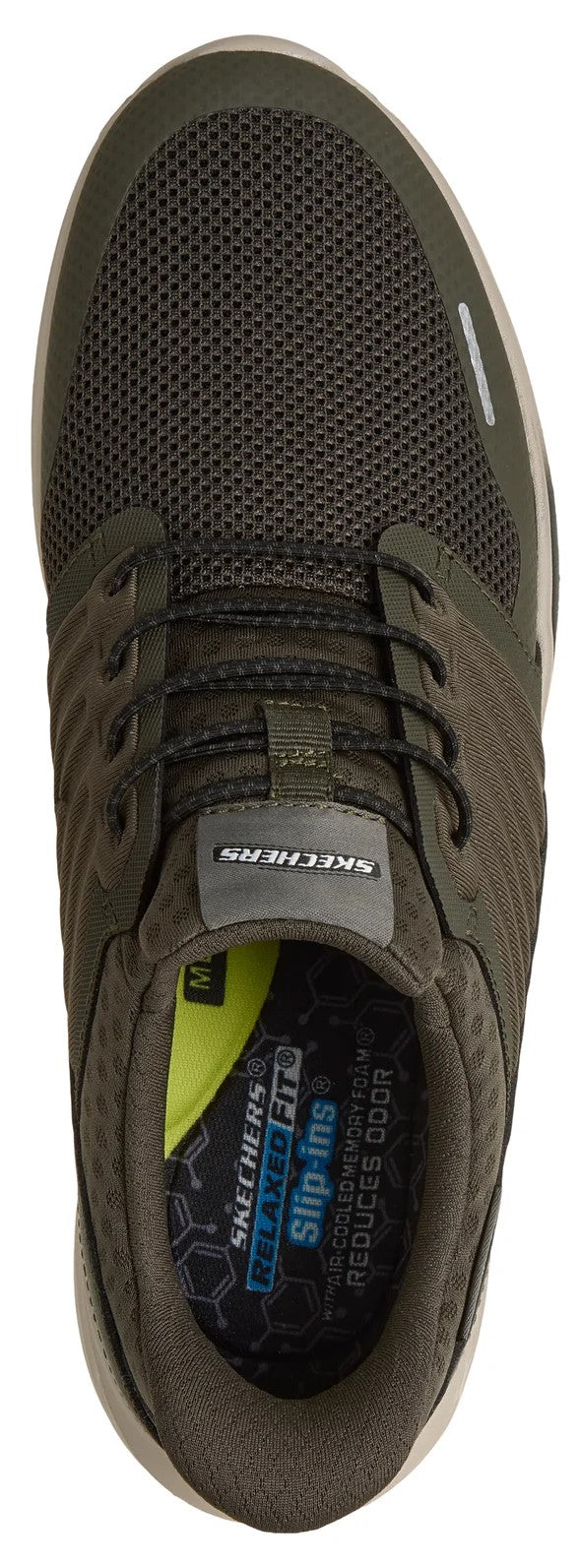 An overhead view of an olive green Skechers Relaxed Fit Slip-ins sneaker with a dark mesh upper, a gray tongue label with white text, and a branded inner sole featuring yellow accents, resting on a white background.