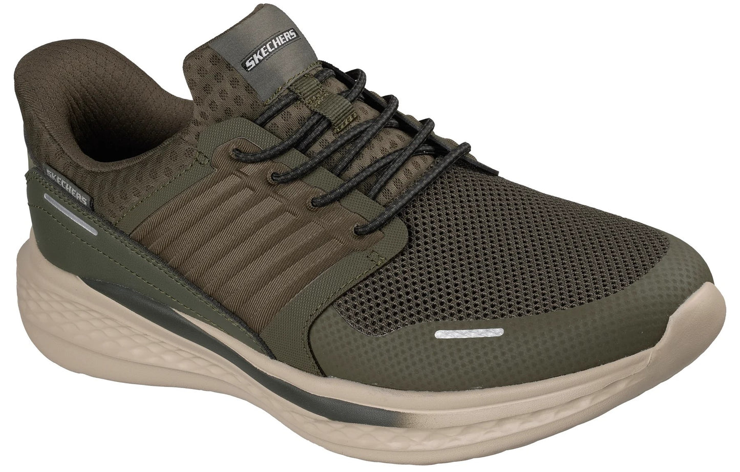 An olive green sneaker with a mesh upper, black laces, and a thick, textured beige rubber sole, viewed from a three-quarter angle.