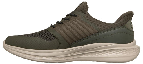 A low-top, olive green sneaker with a beige textured midsole, featuring a mesh front and a side panel with vertical strap accents.