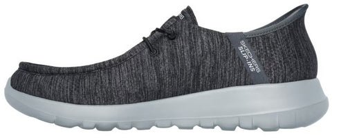 A low-profile gray slip-on shoe with gray sole and a slip-ins heel label.