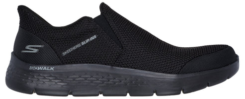 A black slip-on shoe with visible text 'SKECHERS SLIP-INS' and 'GO-WALK'.