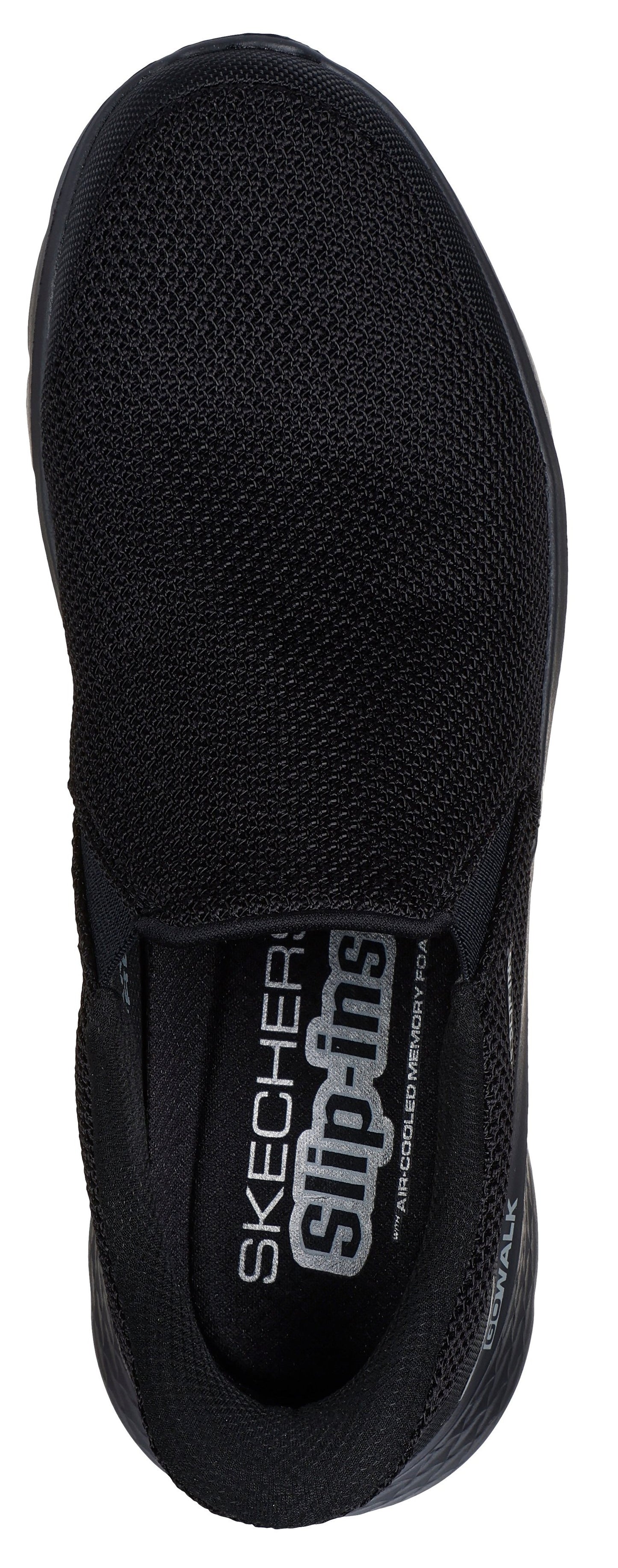 A black slip-on shoe with mesh fabric and the text "SKECHERS Slip-ins".