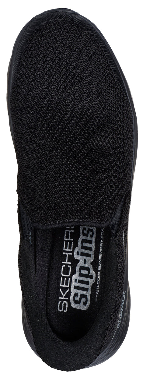 A black slip-on shoe with mesh fabric and the text "SKECHERS Slip-ins".