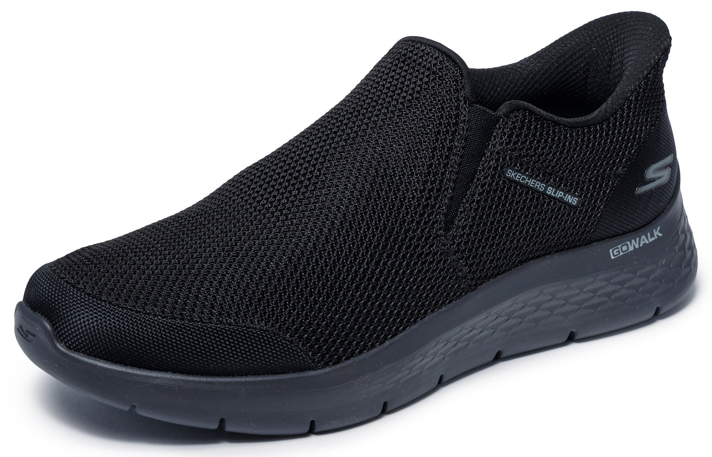 Black slip-on athletic shoe with breathable mesh upper, low-profile sole, and "SKECHERS SLIP-INS" logo.