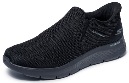 Black slip-on athletic shoe with breathable mesh upper, low-profile sole, and "SKECHERS SLIP-INS" logo.