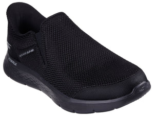 Black slip-on walking shoe with mesh upper and black sole, and text "GO WALK" and "SLIP-INS" on the side.