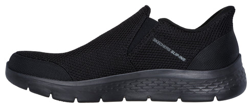 A black mesh slip-on sneaker with "SKECHERS SLIP-INS" written on the side.
