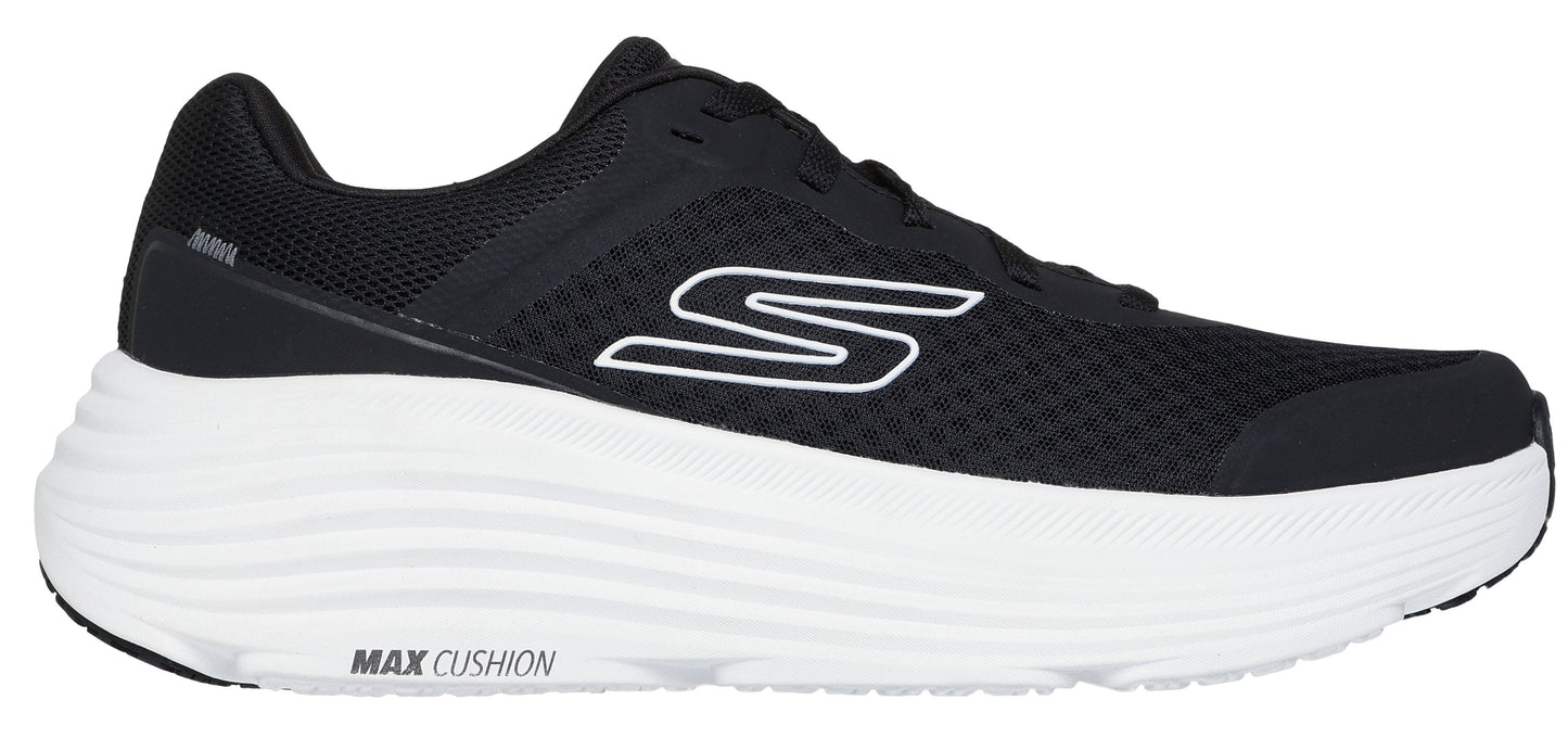 A black running shoe with a white sole and a white "S" logo.
