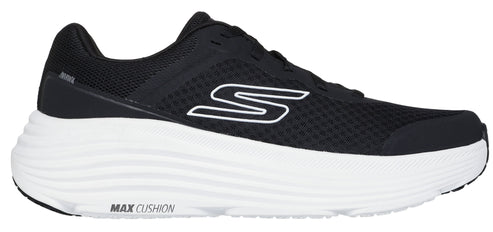 A black running shoe with a white sole and a white "S" logo.