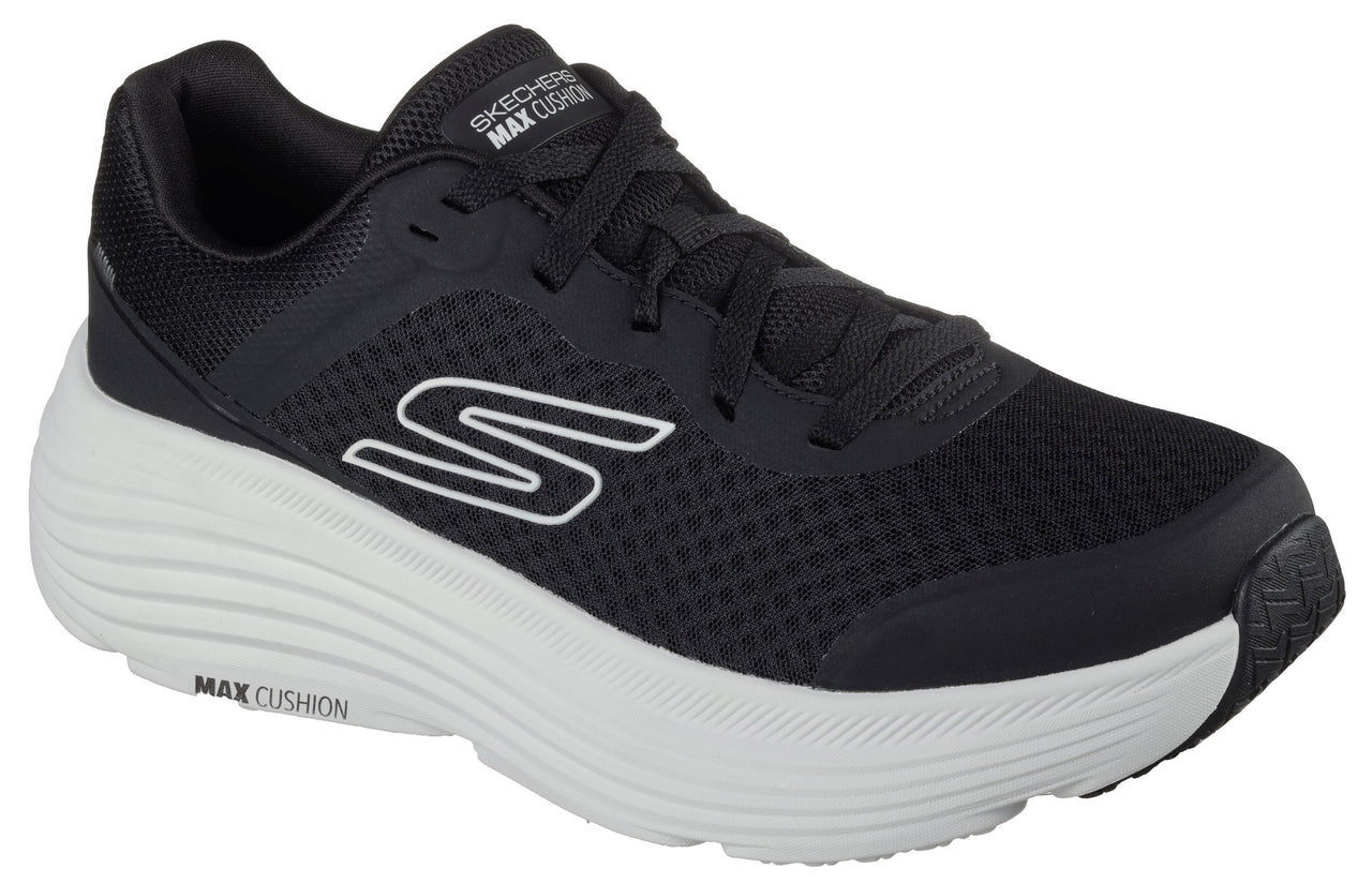 A black running shoe with a white 'S' logo and a thick, white 'MAX CUSHION' sole.