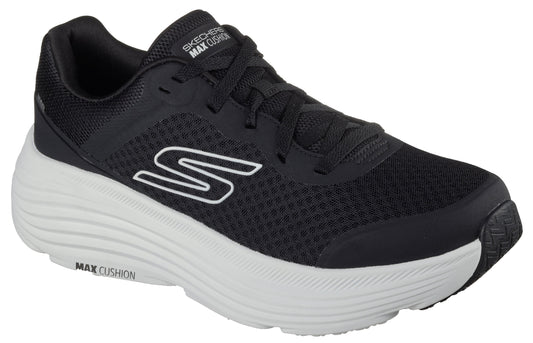 A black running shoe with a white 'S' logo and a thick, white 'MAX CUSHION' sole.