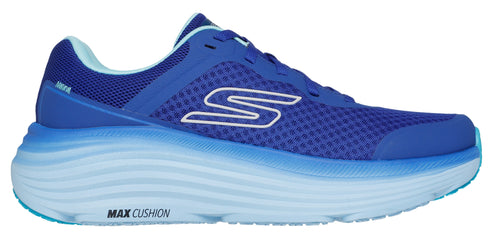 A blue running shoe with a thick, wavy sole and the words "MAX CUSHION" on it.