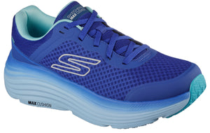 Blue running shoe with mesh upper, thick Max Cushion sole, and white S logo.
