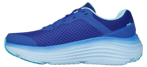 A blue athletic shoe with a wavy sole.