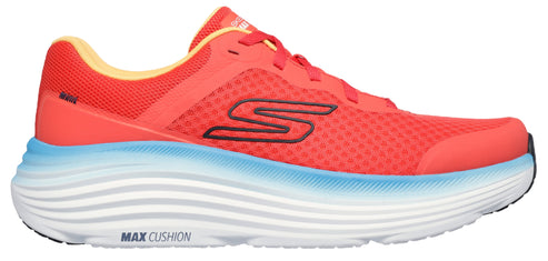 A red running shoe with a thick, cushioned sole featuring a blue fade.