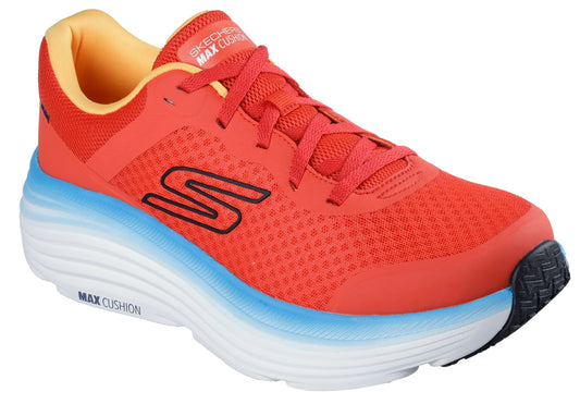 Orange running shoe with black 'S' logo, blue and white sole, and orange laces.
