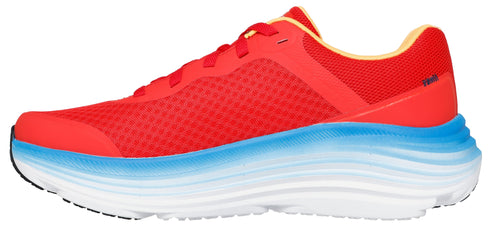 A red running shoe with a thick blue and white sole.