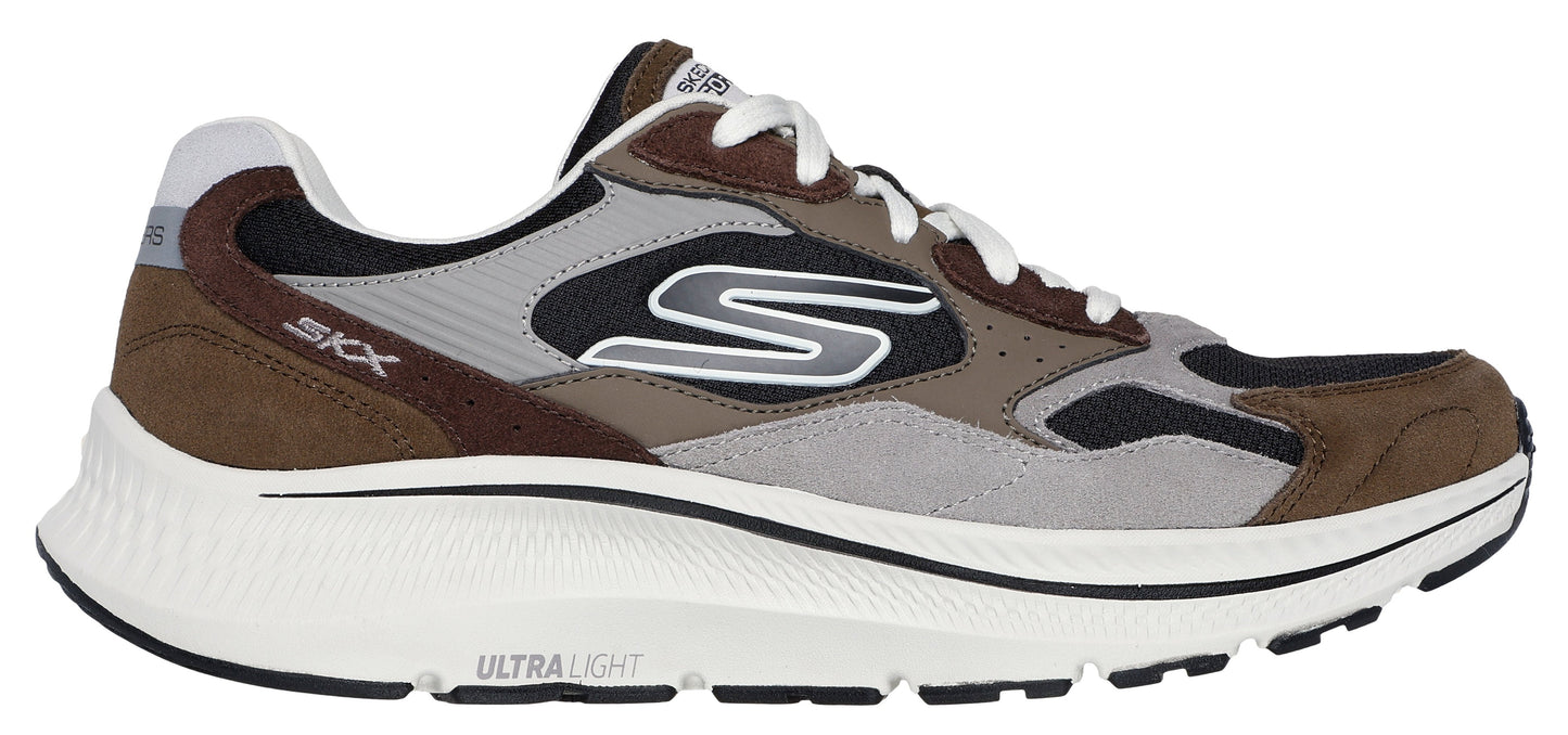 A running shoe with brown, gray, and black color scheme featuring a white midsole, and the letters 'SXX' on the side.