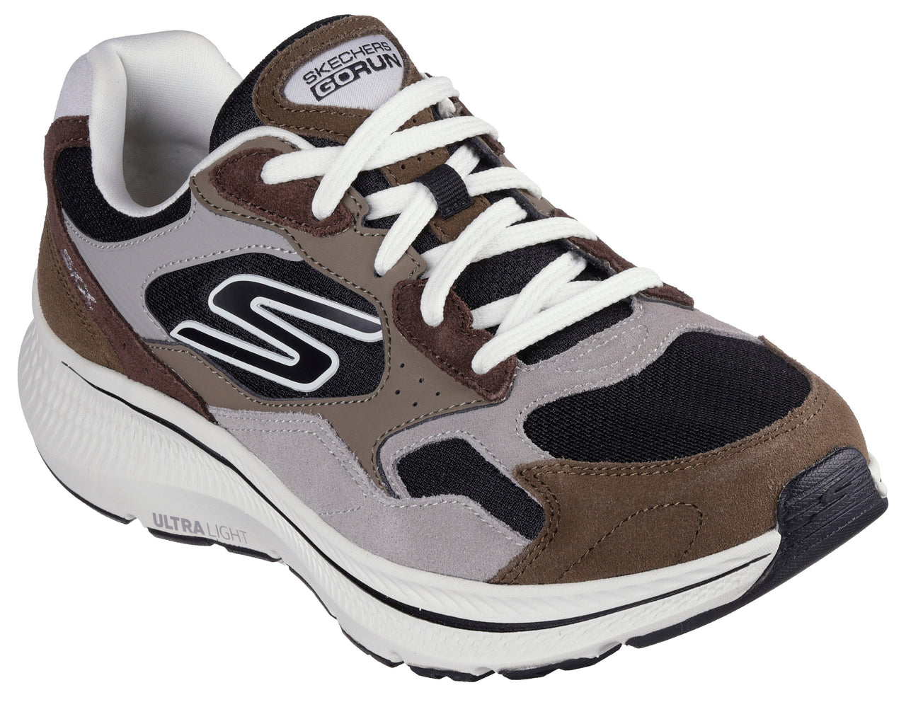 A running shoe with white laces, a white and black sole, gray and black mesh, and brown accents. It says "GORUN" on the side near the heel.