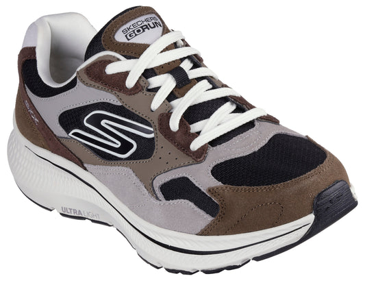 A running shoe with white laces, a white and black sole, gray and black mesh, and brown accents. It says "GORUN" on the side near the heel.