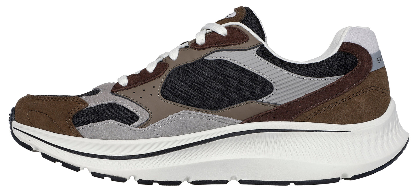 A walking shoe with a brown, gray and black upper and a white sole.