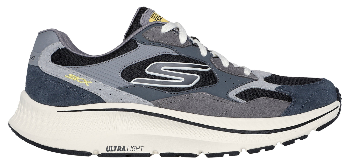A gray and blue athletic shoe with white laces and a thick, white sole that reads 'ULTRALIGHT'.