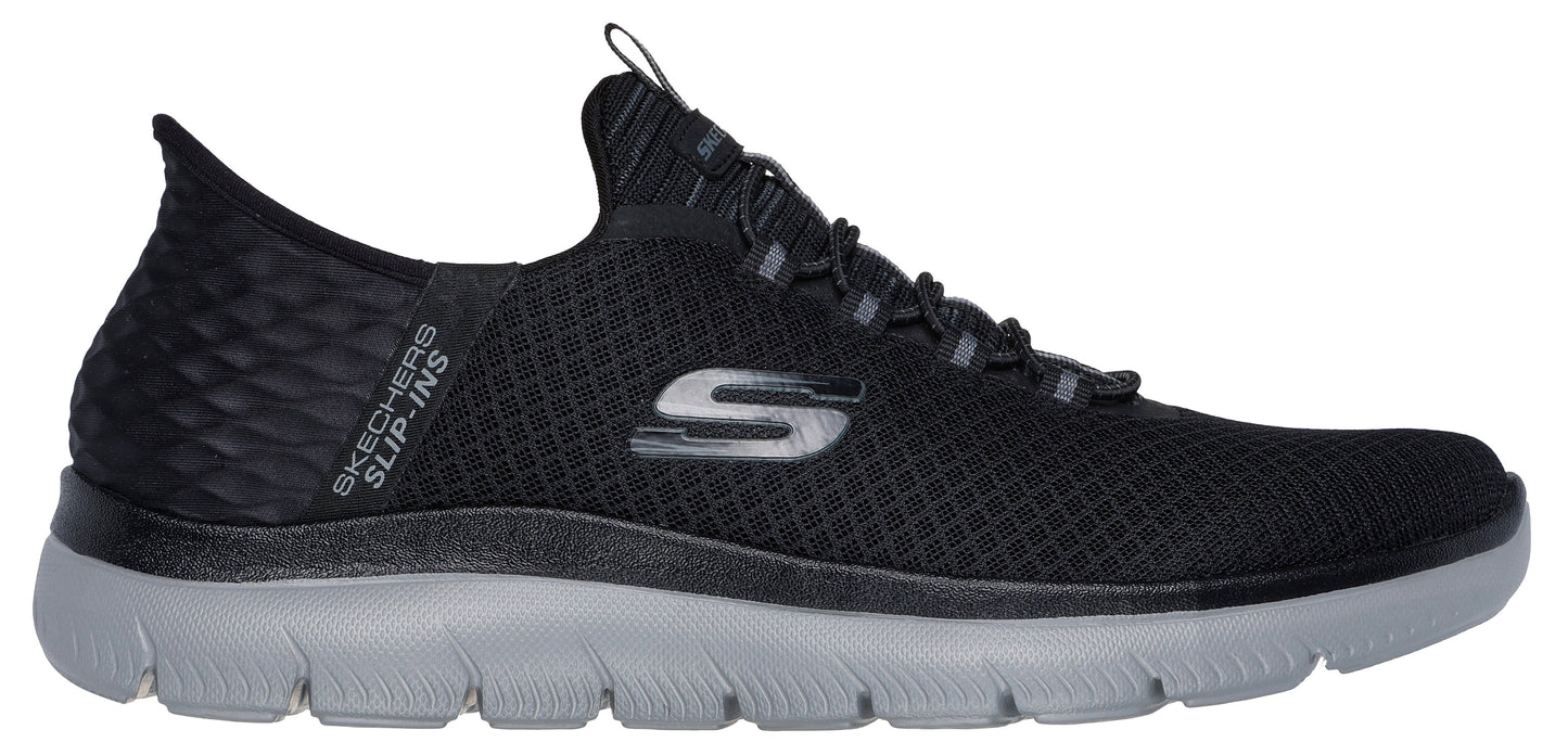 A black and gray slip-on athletic shoe.