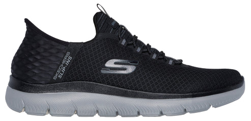 A black and gray slip-on athletic shoe.