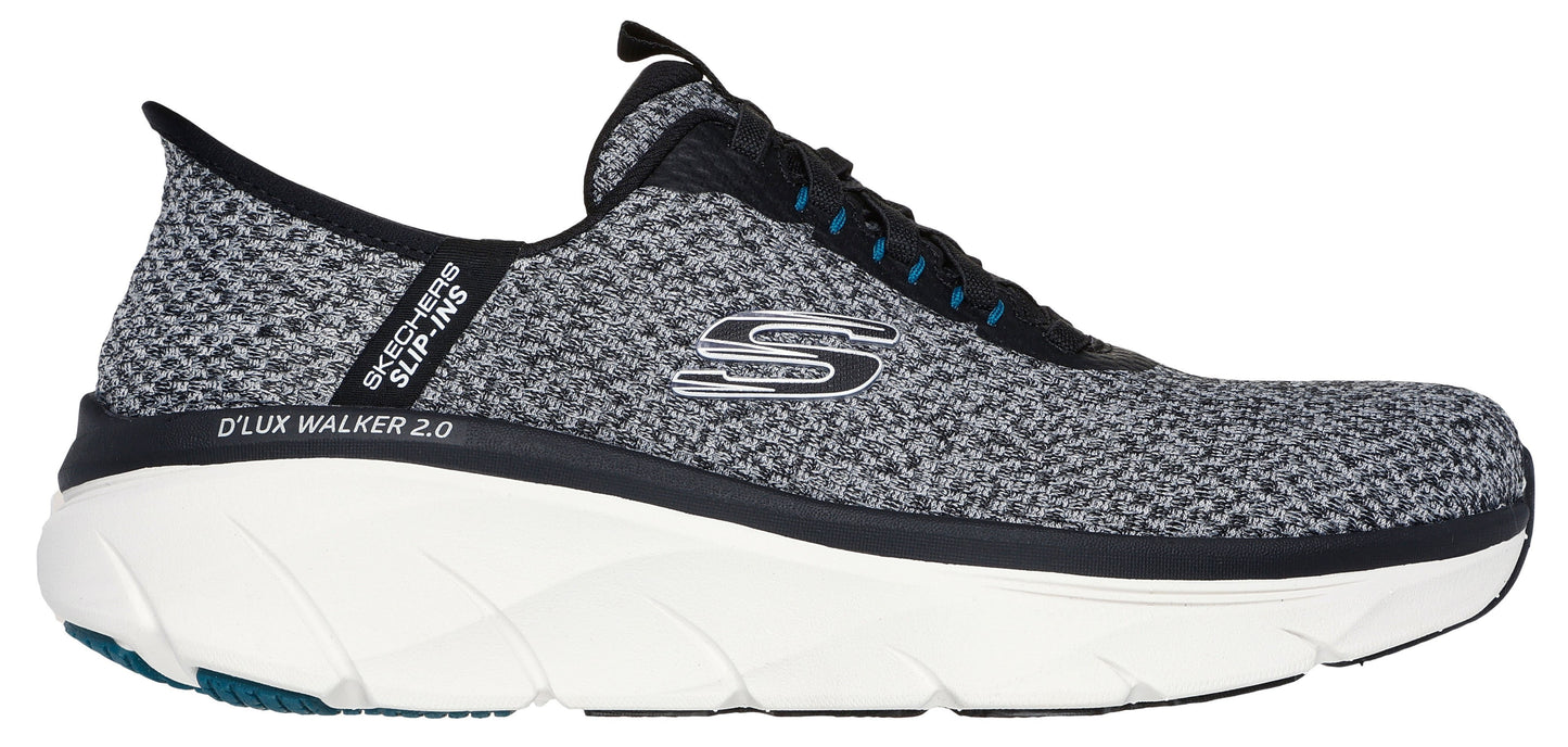A gray and white slip on shoe with white soles, featuring a black trim and the text "D'LUX WALKER 2.0".