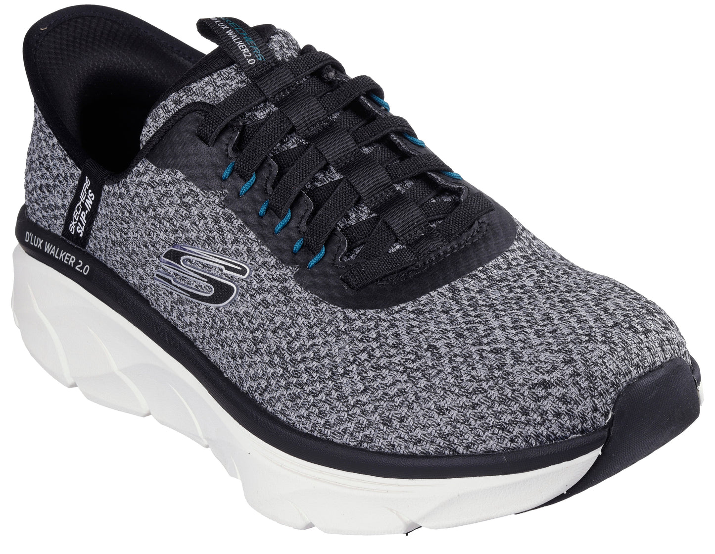 Low-profile, speckled dark-gray shoe with black laces, a white midsole, and the letter S in white.