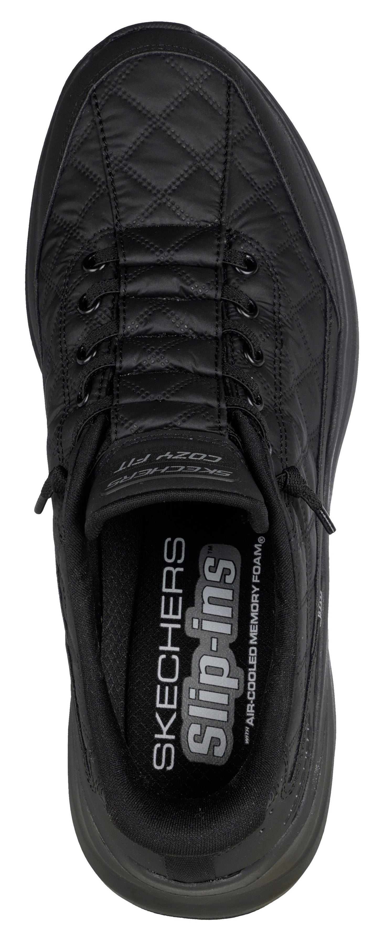 A top down view of a black quilted sneaker with visible branding: "SKECHERS Slip-ins".
