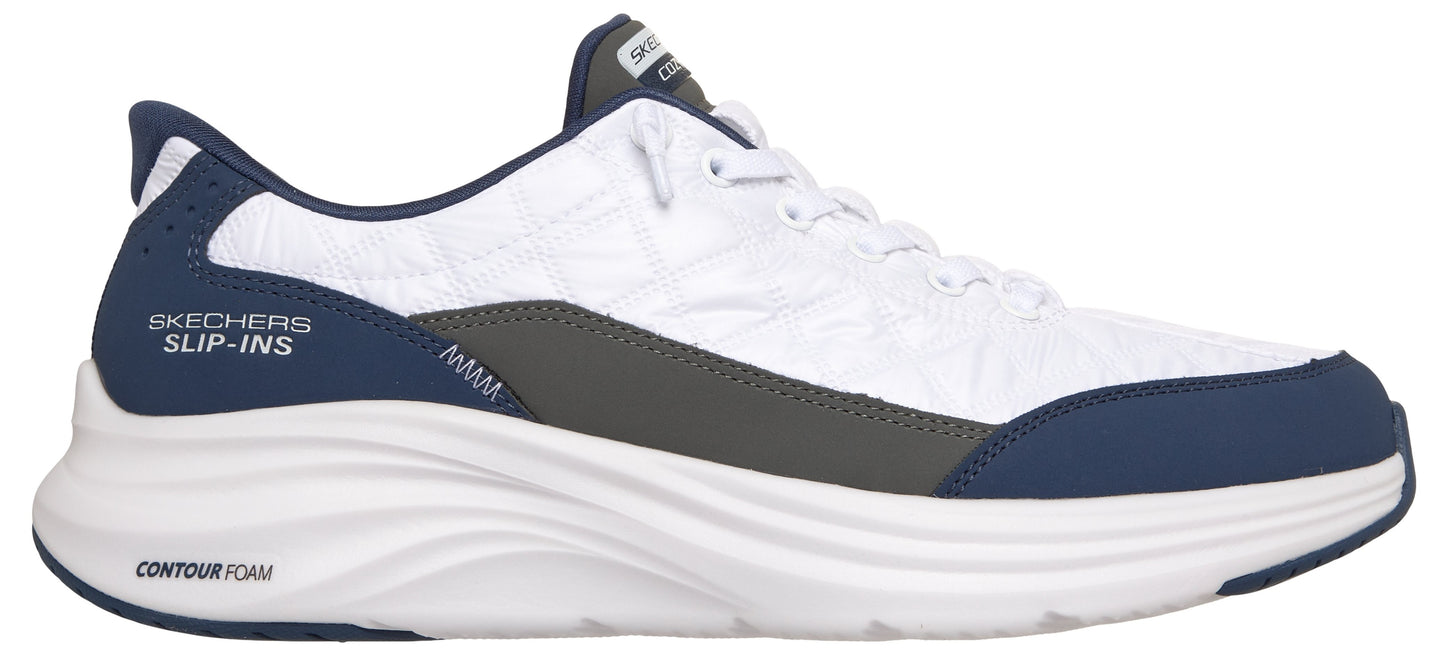 A white athletic shoe with blue accents, visible text that says 'SKECHERS SLIP-INS' and 'CONTOUR FOAM'.