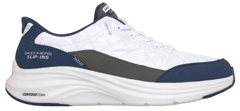 A white athletic shoe with blue accents, visible text that says 'SKECHERS SLIP-INS' and 'CONTOUR FOAM'.