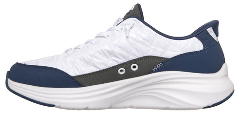 A white and blue sneaker with white laces and a white sole.