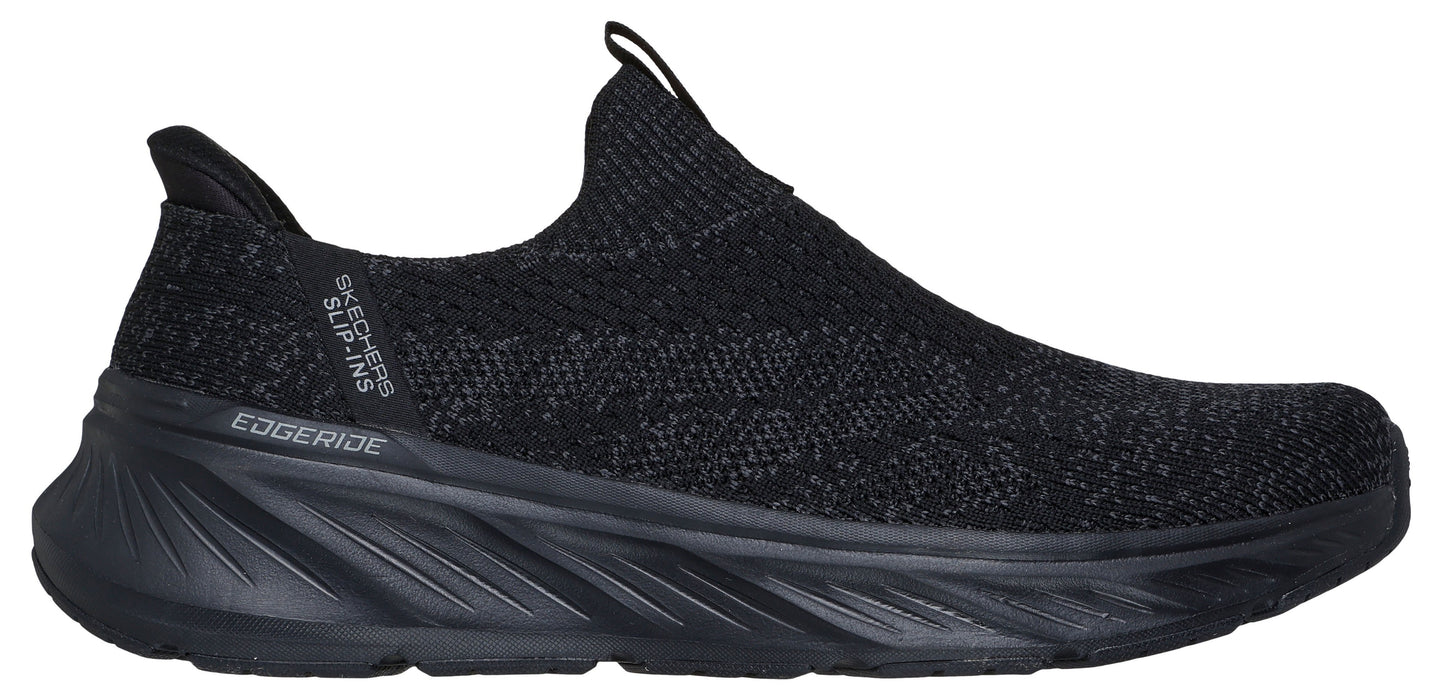 A black slip-on sneaker with "EDGERIDE" and "SKECHERS SLIP-INS" visible on the side.