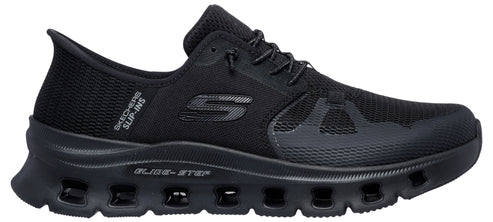A black sneaker with a mesh upper and elastic laces.