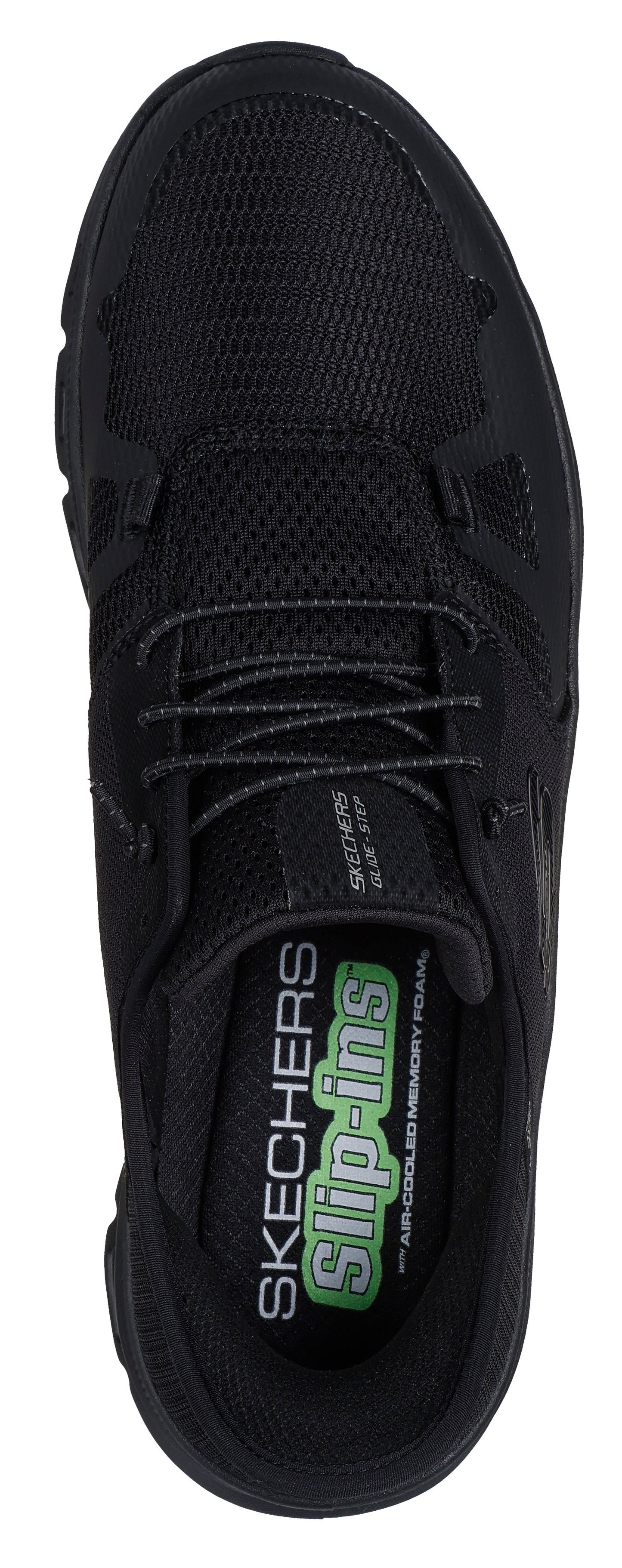 A black sneaker, revealing the insole, which has "SKECHERS Slip-ins" written on it.