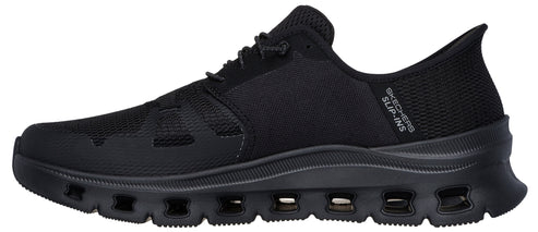A black athletic shoe with a mesh upper, lace-up closure, and a cushioned sole with air vents.