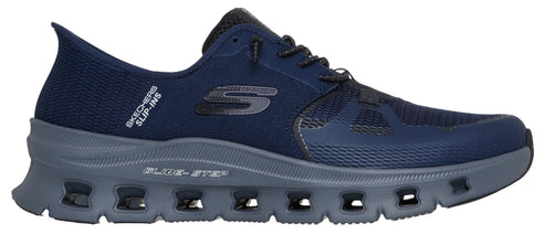 A navy walking shoe with a gray midsole.