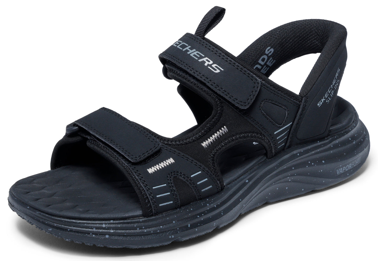 Black sandal with velcro straps and white stitching.