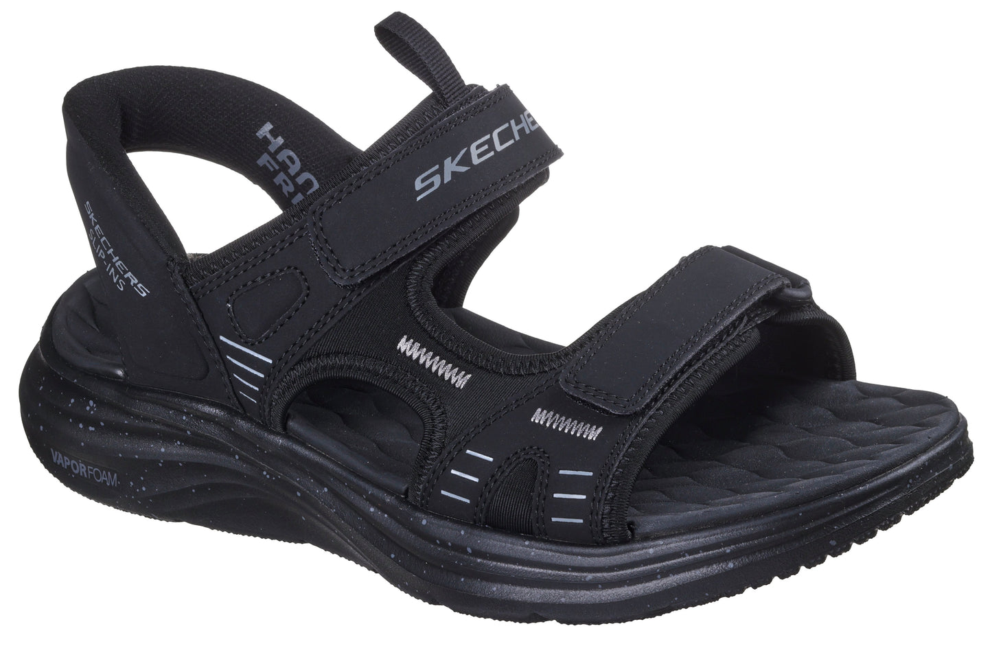 Black sandal with two velcro straps, a back strap and the text "SKECHERS" on the upper strap.