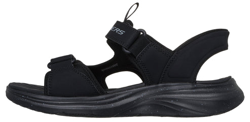 A black sandal with hook and loop straps.