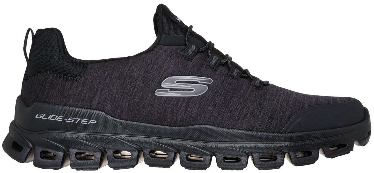 A black Skechers Glide-Step athletic sneaker with a textured mesh upper, lace-up closure, and a distinctively hollowed-out, geometric black midsole.
