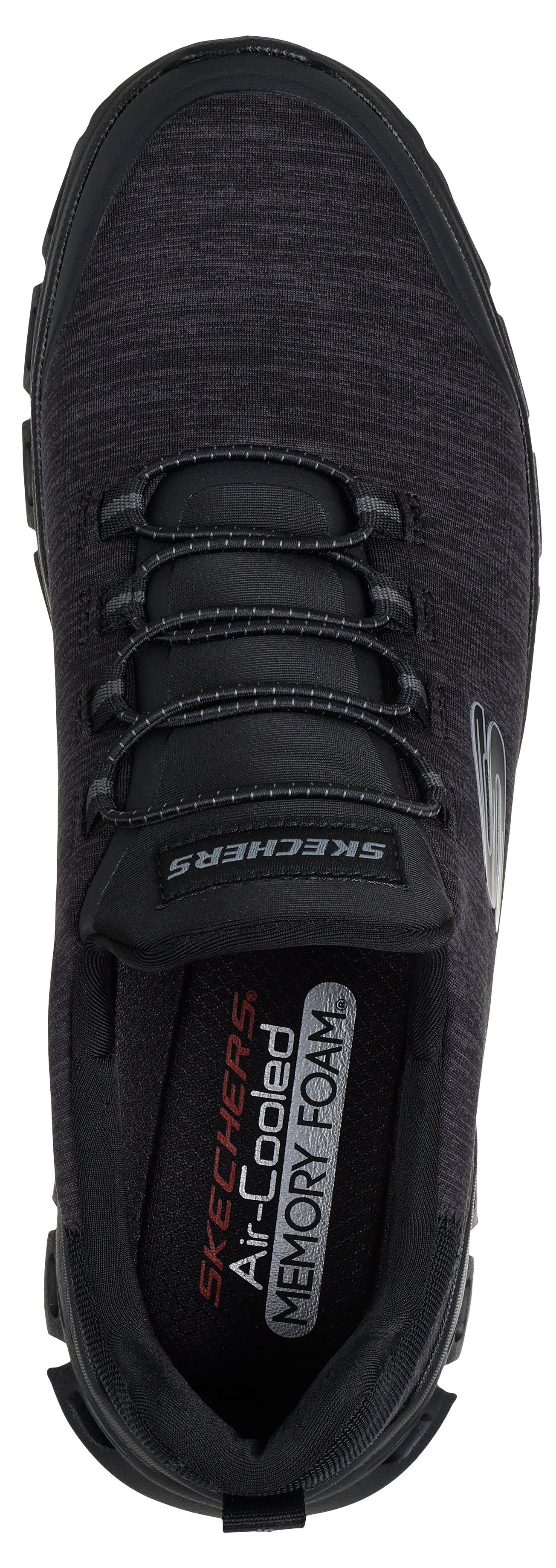 A top-down view of a black Skechers Air-Cooled Memory Foam slip-on sneaker featuring a knit mesh upper with decorative elastic laces and a branded tongue label.