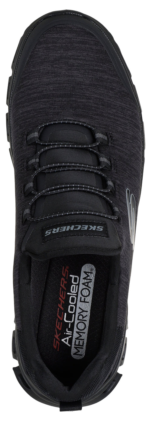 A top-down view of a black Skechers Air-Cooled Memory Foam slip-on sneaker featuring a knit mesh upper with decorative elastic laces and a branded tongue label.